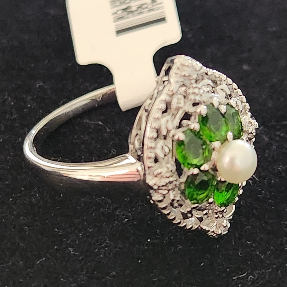 Chromium Diopside, Cultured Pearl And Diamond Accents In 925 Silver Band. Size10